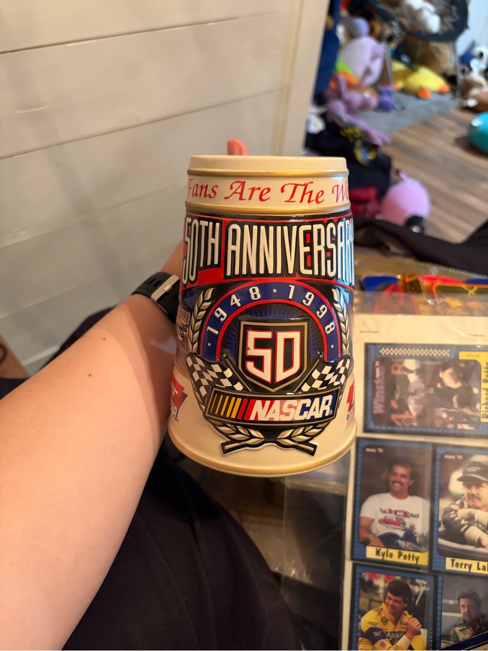 Nascar 50th Anniversary Cream Stein with Red and Blue Accents
